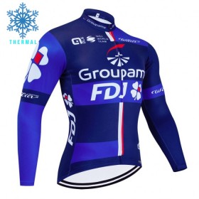 Wielershirt 2024 Groupama FDJ Lange Mouw Winter Thermal Fleece Zwart Blauw